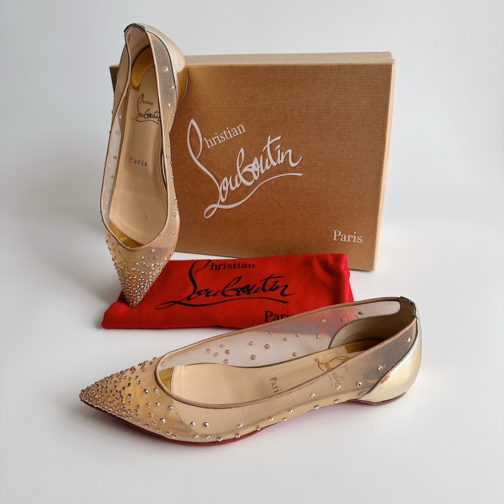CHRISTIAN LOUBOUTIN Follies Strass Gold Crystal Pointed Toe Ballerina Flats 38 - Picture 15 of 16